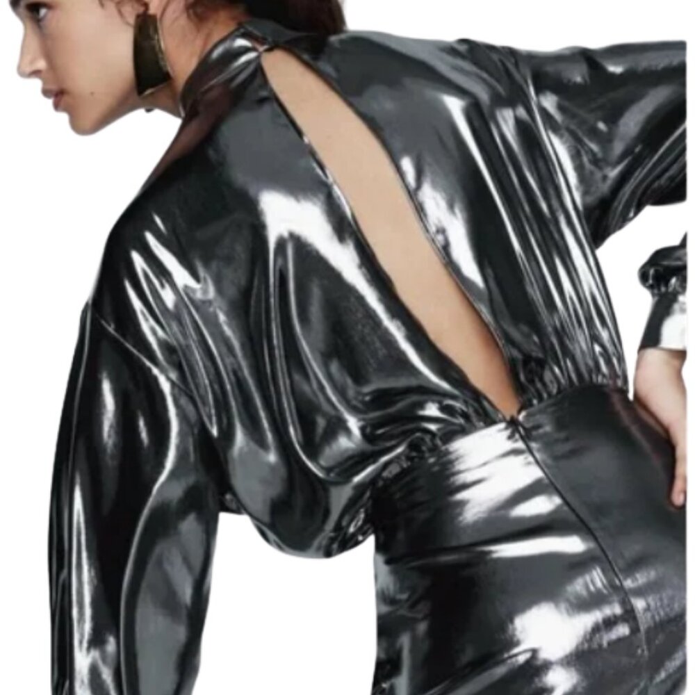 Zara Metallic Silver Long Sleeve Mock Neck Open Back Mini Dress Medium - Picture 2 of 9
